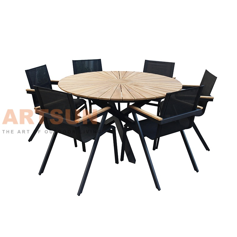 Round Teak Outdoor Dining Set with Aluminum Frame Chairs