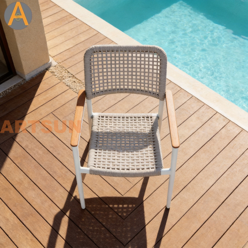Premium New Design Stacking Outdoor Patio Garden String Weaving Weather Resistant Warranty Dining Chair for Resort Hotel Villa Restaurant Poolside Hospitality