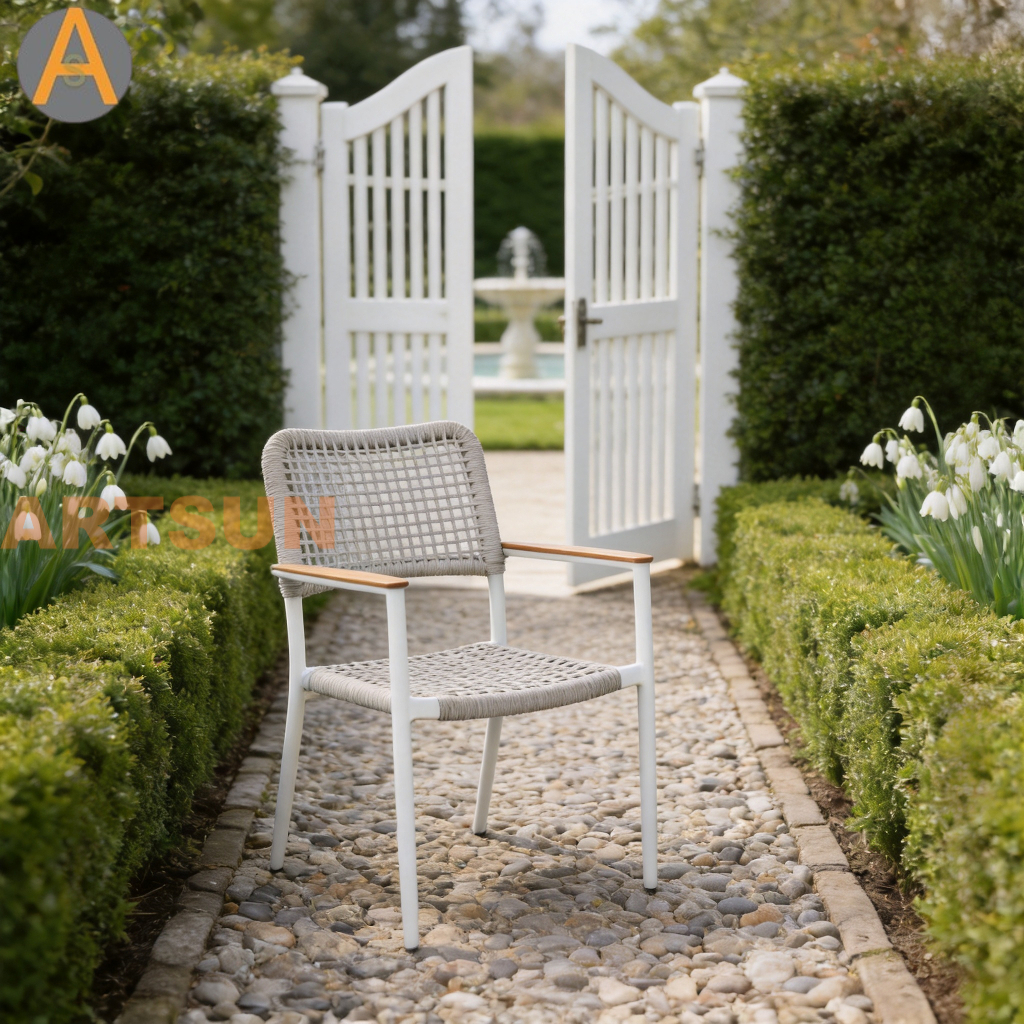 Premium New Design Stacking Outdoor Patio Garden String Weaving Weather Resistant Warranty Dining Chair for Resort Hotel Villa Restaurant Poolside Hospitality