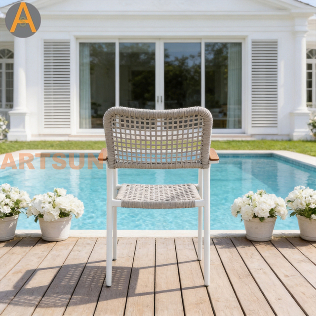 Premium New Design Stacking Outdoor Patio Garden String Weaving Weather Resistant Warranty Dining Chair for Resort Hotel Villa Restaurant Poolside Hospitality
