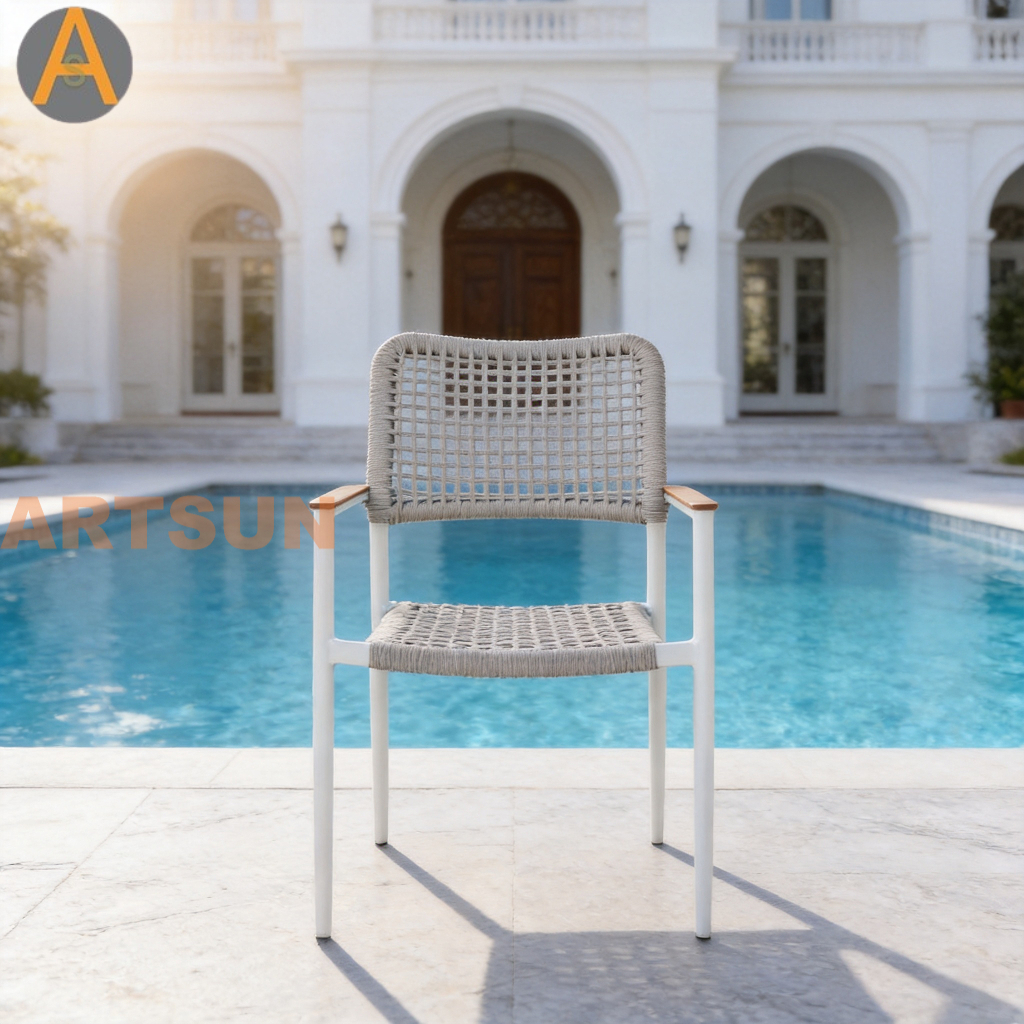 Premium New Design Stacking Outdoor Patio Garden String Weaving Weather Resistant Warranty Dining Chair for Resort Hotel Villa Restaurant Poolside Hospitality